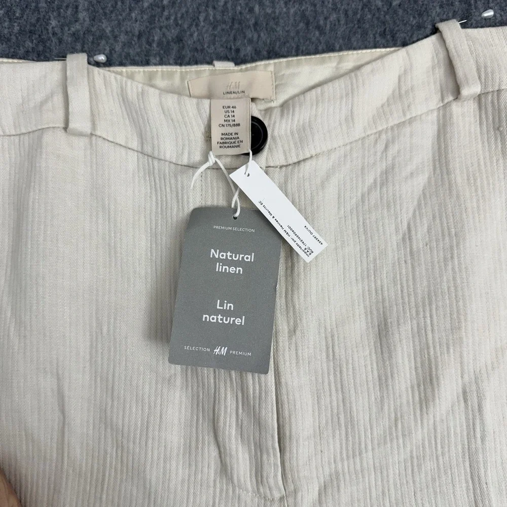 NEW H&M White Linen Wide-Leg Women's Dress Pants, Size 14, Zipper, Flat Front